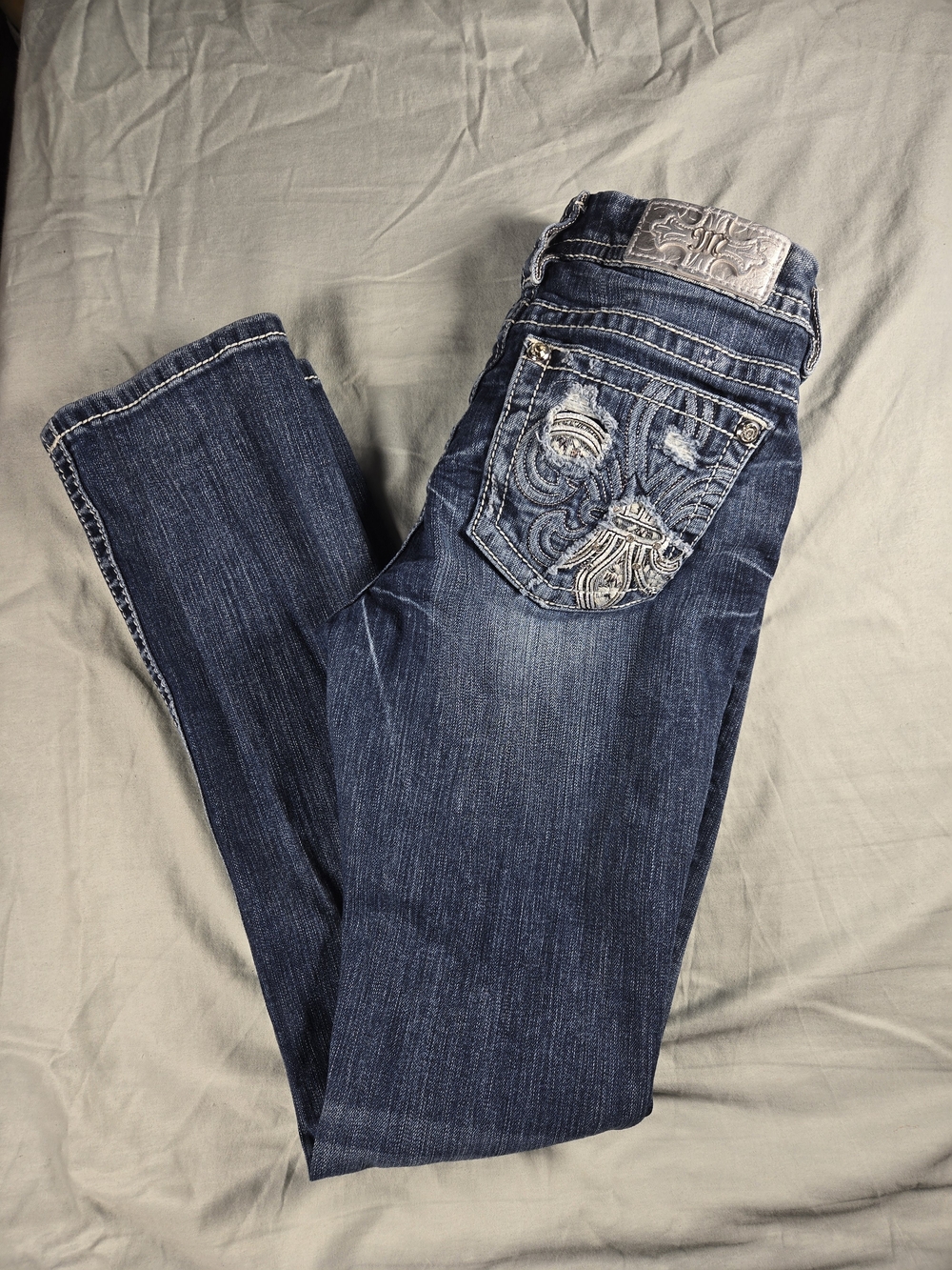 Miss Me Dark Blue Boot Cut Jeans with Embroidered Pockets